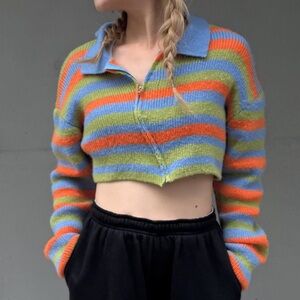 Striped Cropped Polo Sweater in Blue, Green & Orange